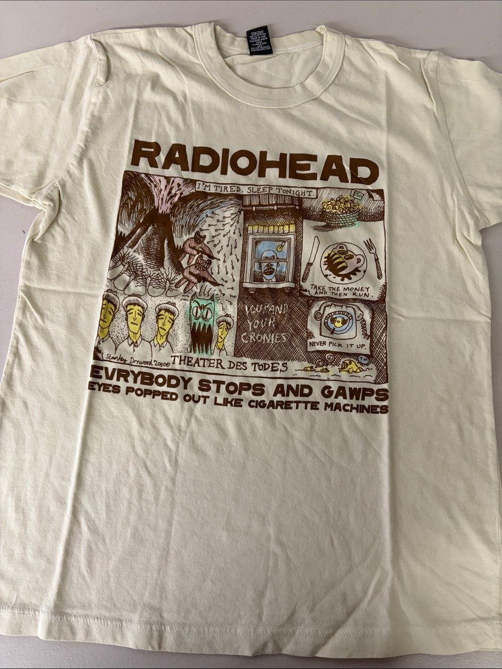 KIDS SZ 10 Radiohead Graphic Tee - Cream with Brown & Yellow Print music band
